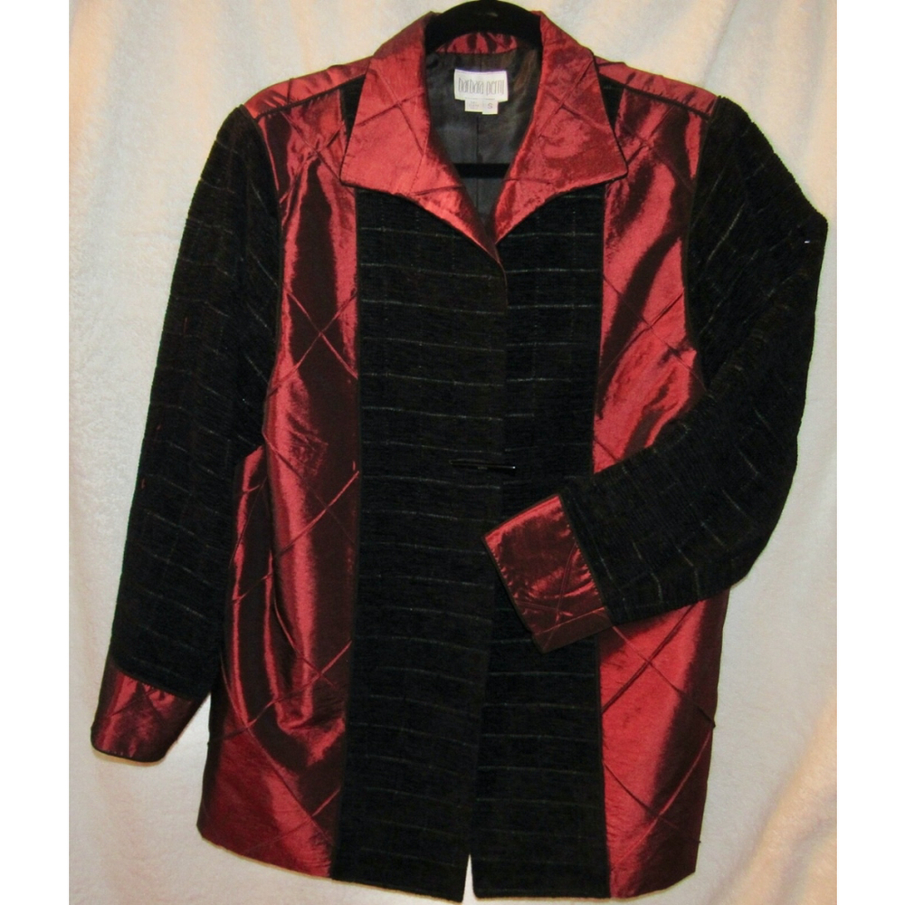 Ladies Upscale Holiday Party Jacket, Red Silk & Black Chenille